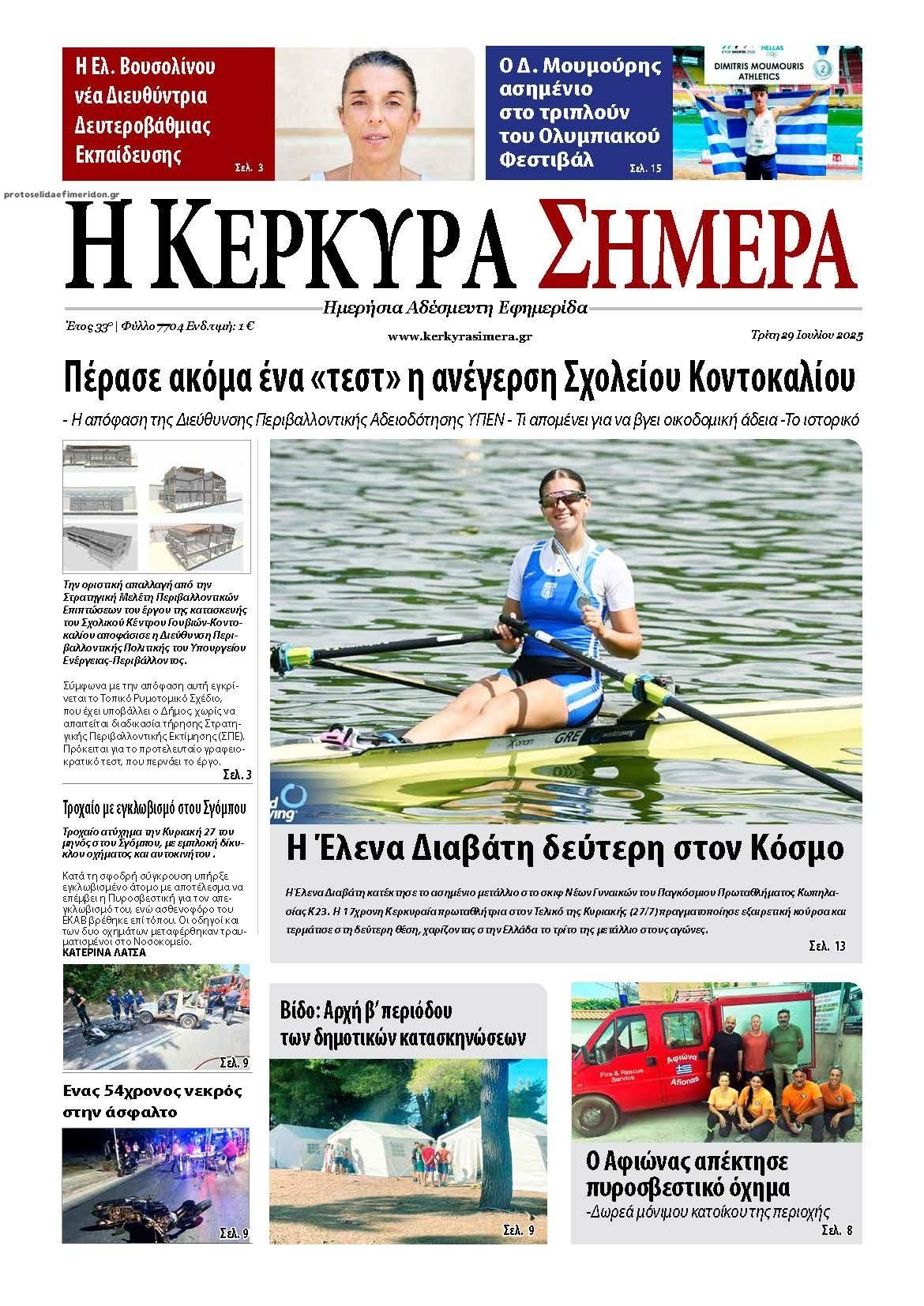 Πρωτοσέλιδο εφημερίδας Η Κέρκυρα Σήμερα