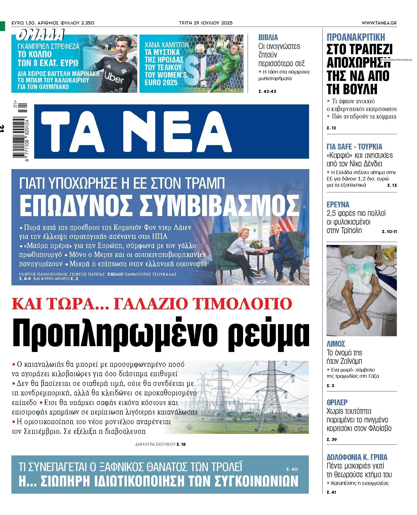 Πρωτοσέλιδο εφημερίδας Τα Νέα
