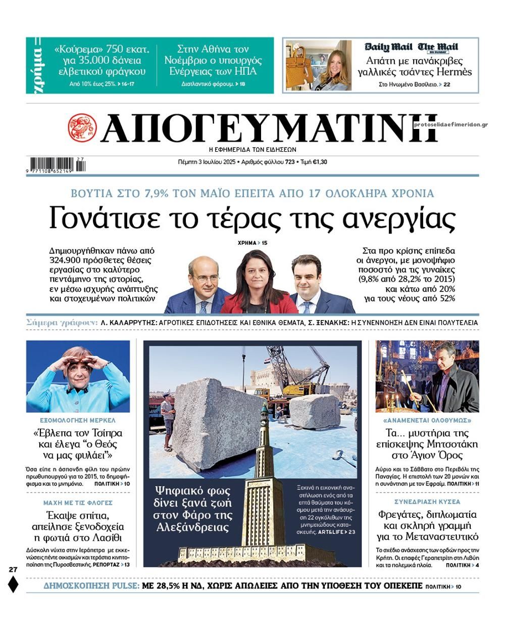 Πρωτοσέλιδο εφημερίδας Απογευματινή