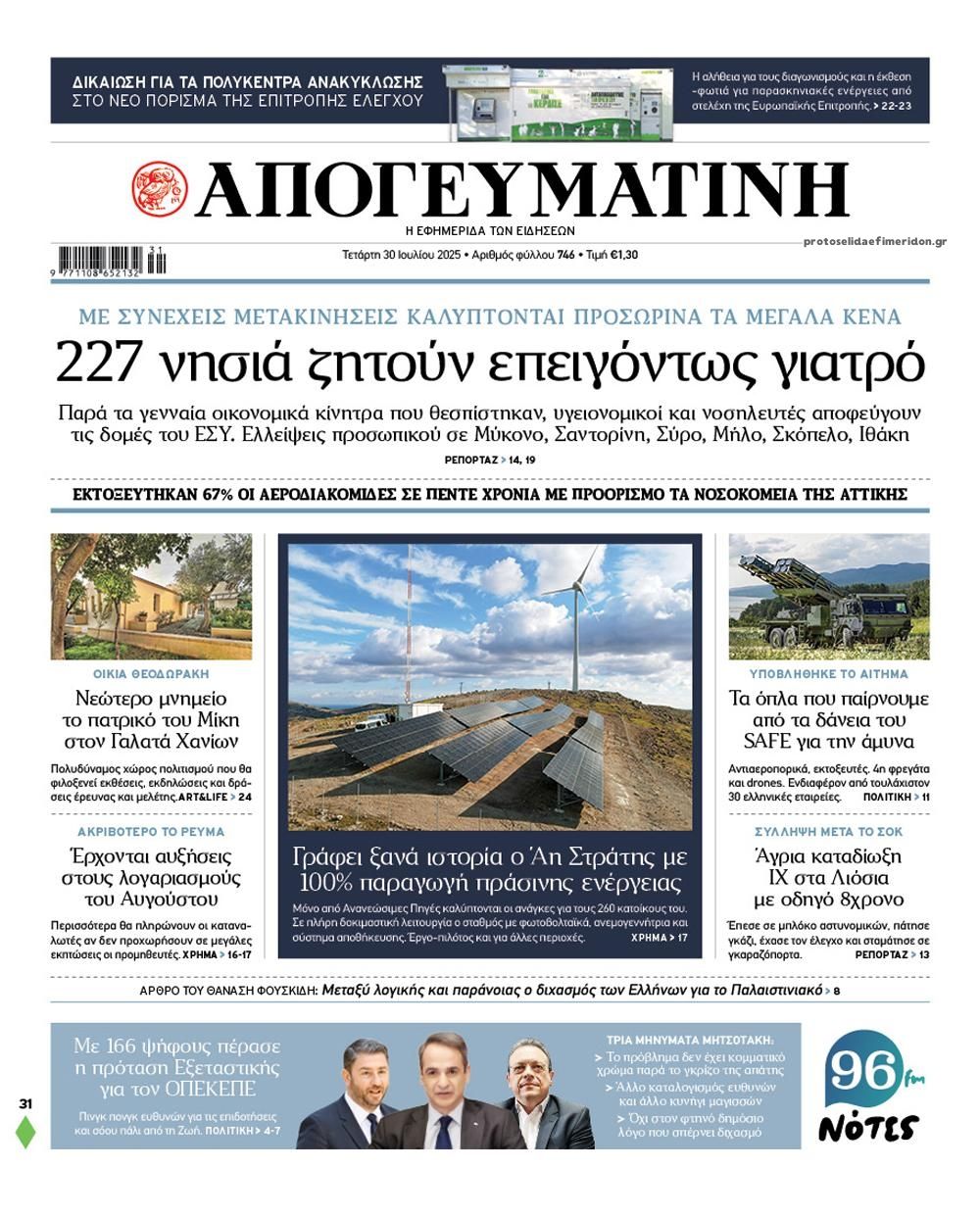 Πρωτοσέλιδο εφημερίδας Απογευματινή