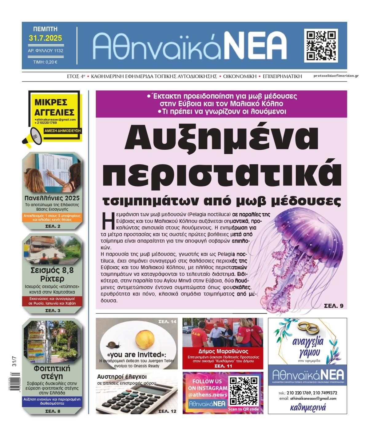 Πρωτοσέλιδο εφημερίδας Αθηναϊκά Νέα