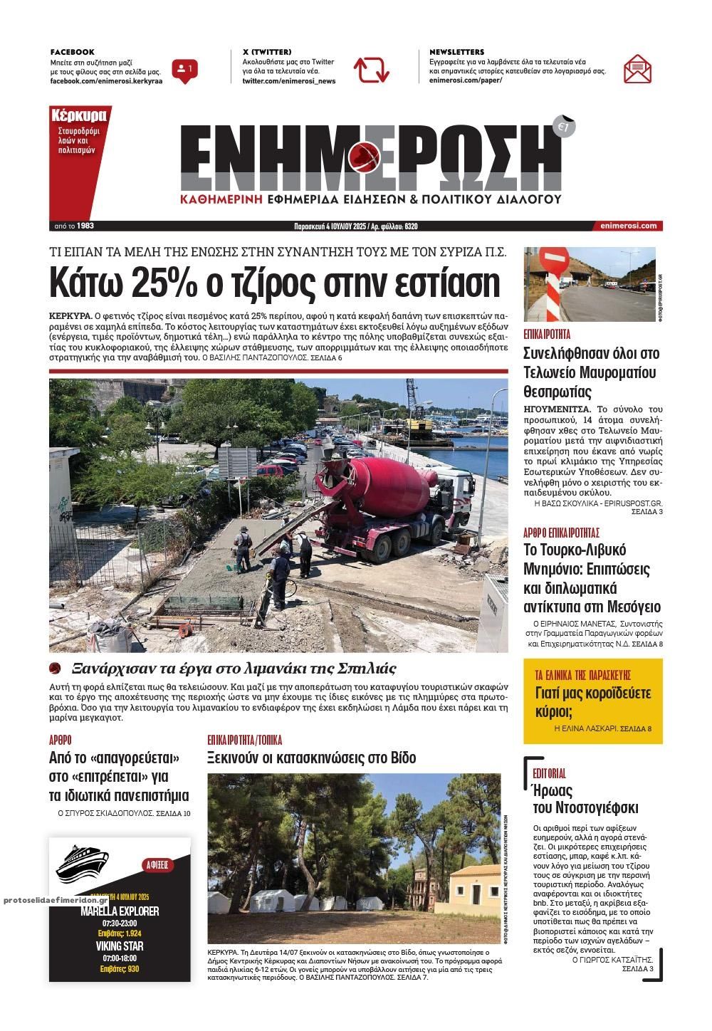 Πρωτοσέλιδο εφημερίδας Ενημέρωση Κέρκυρας