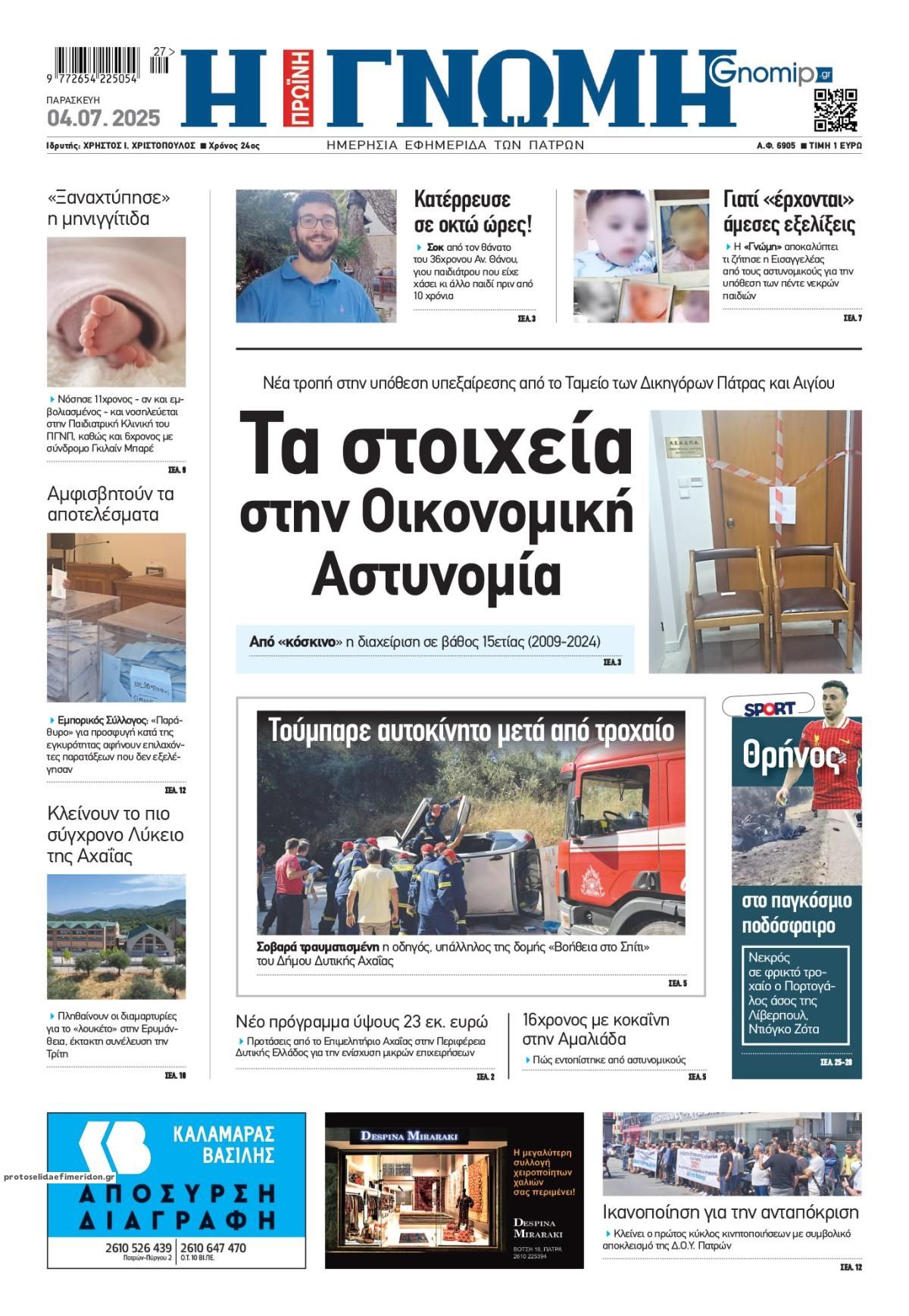 Πρωτοσέλιδο εφημερίδας Γνώμη της Πάτρας