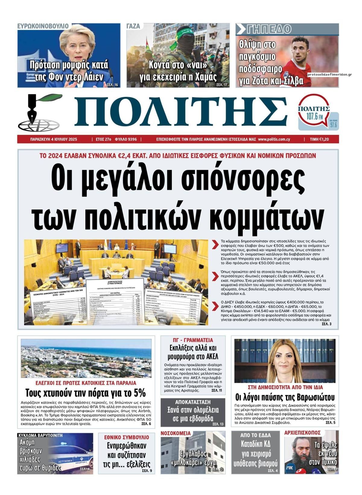 Πρωτοσέλιδο εφημερίδας Πολίτης Κύπρου