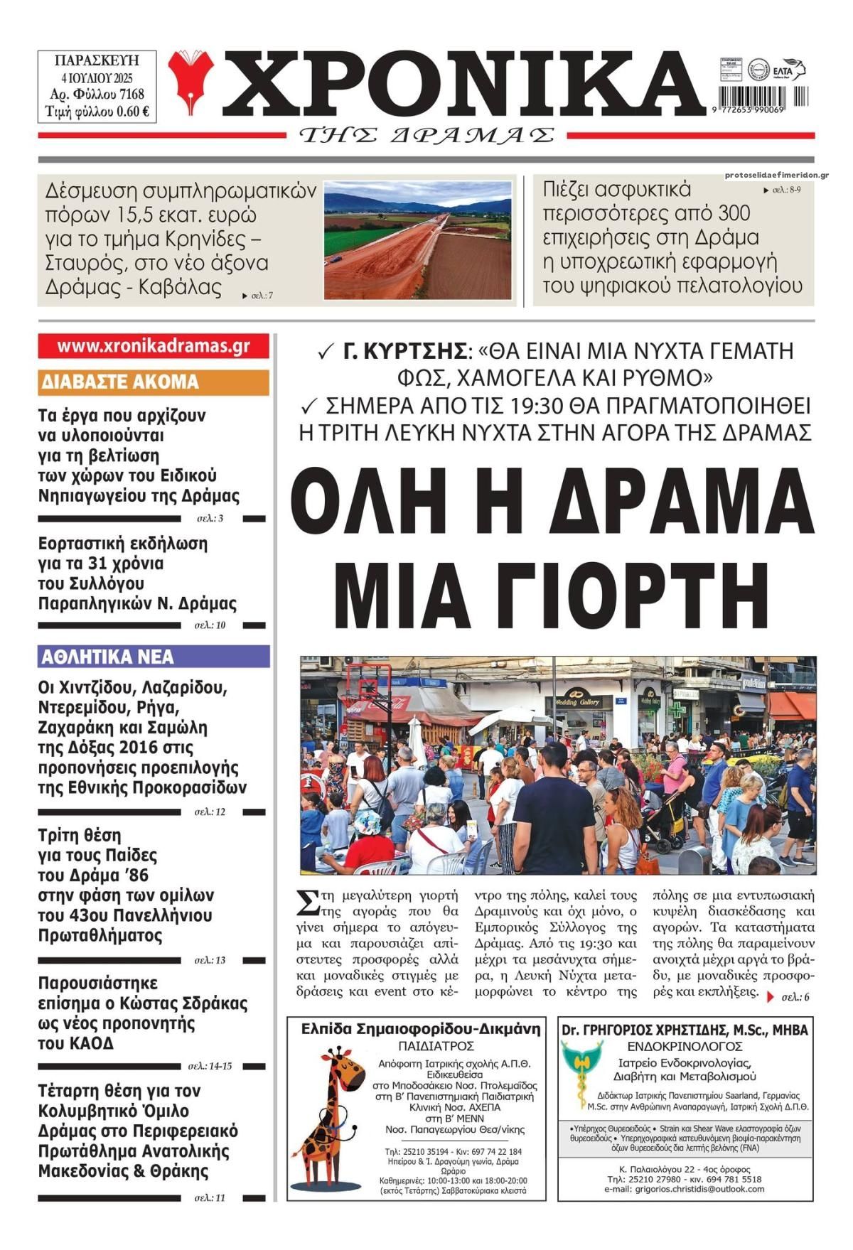 Πρωτοσέλιδο εφημερίδας Χρονικά Δράμας