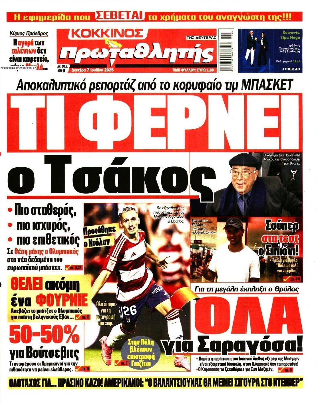 Πρωτοσέλιδο εφημερίδας Κόκκινος Πρωταθλητής