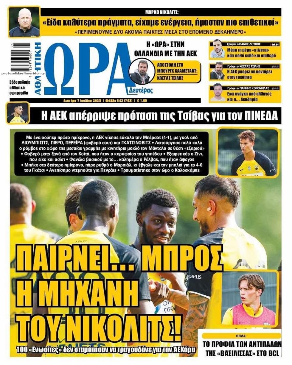 Πρωτοσέλιδο εφημερίδας Η ώρα των Σπορ