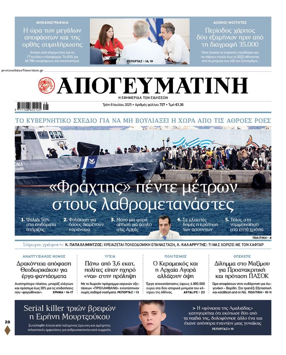 Πρωτοσέλιδο εφημερίδας Απογευματινή