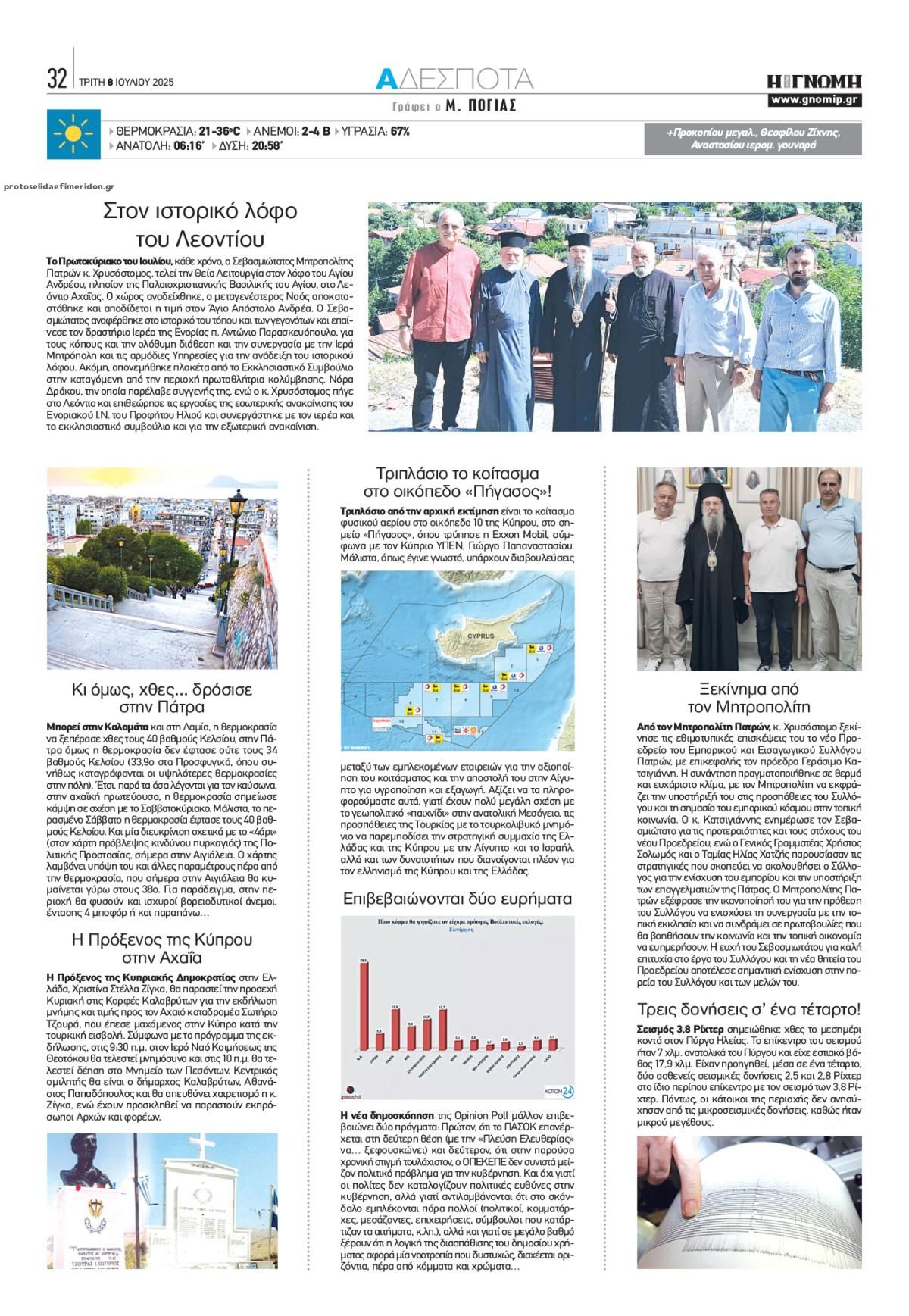 Οπισθόφυλλο εφημερίδας Γνώμη της Πάτρας