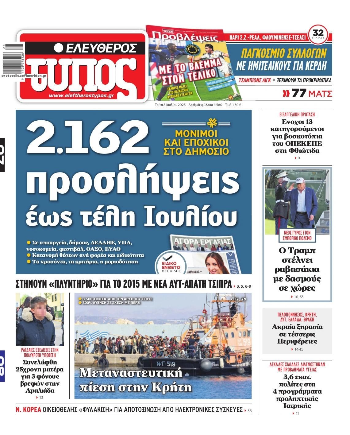 Πρωτοσέλιδο εφημερίδας Ελεύθερος Τύπος