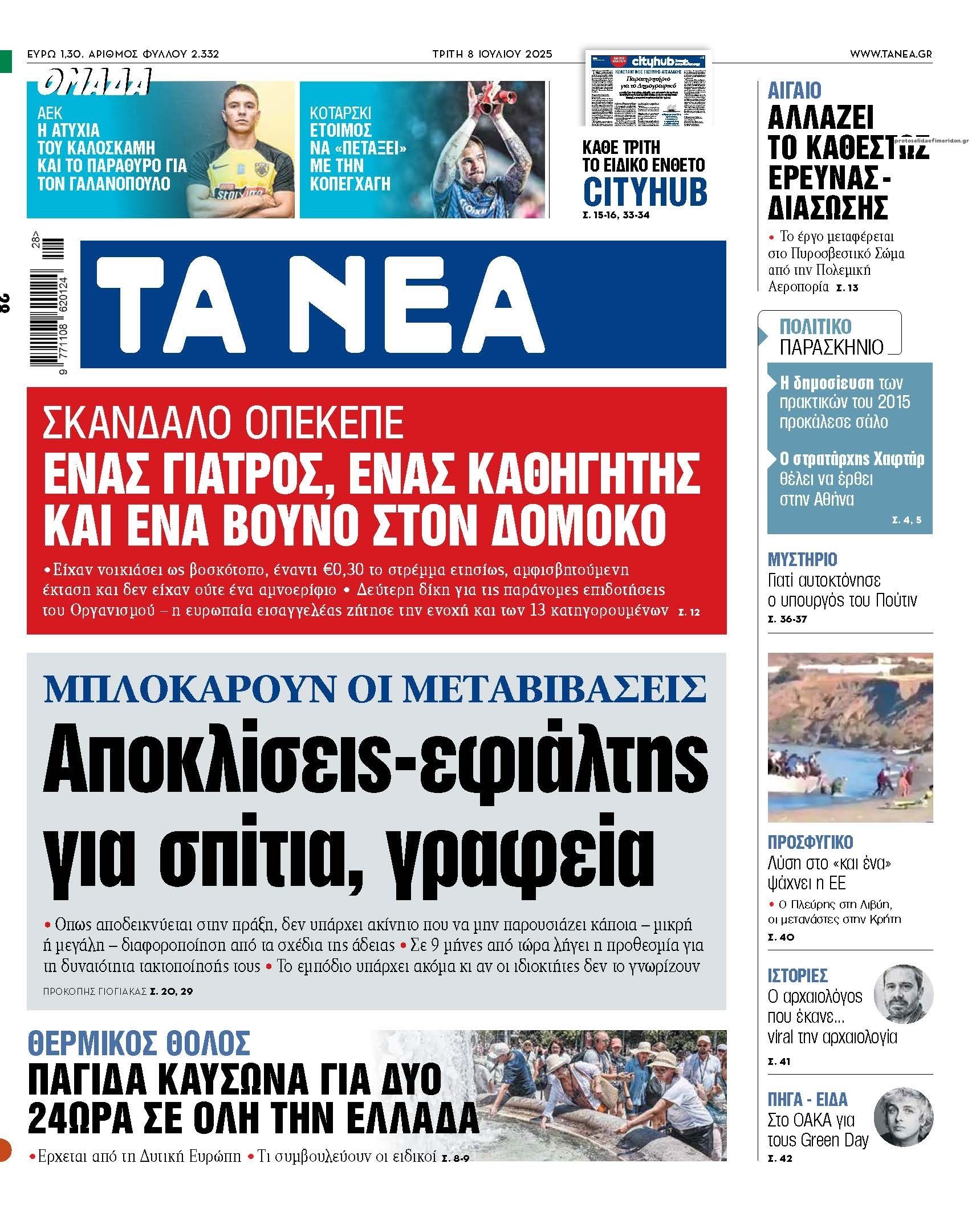 Πρωτοσέλιδο εφημερίδας Τα Νέα
