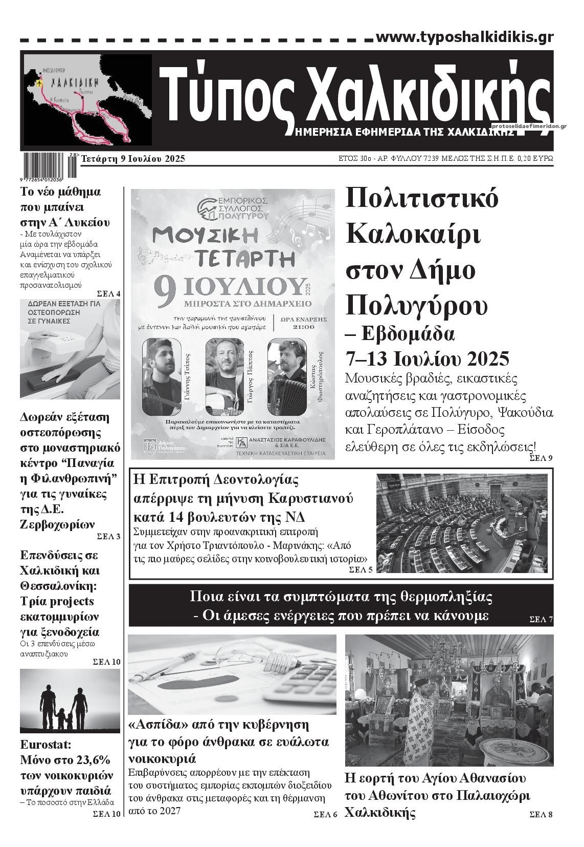 Πρωτοσέλιδο εφημερίδας Τύπος Χαλκιδικής