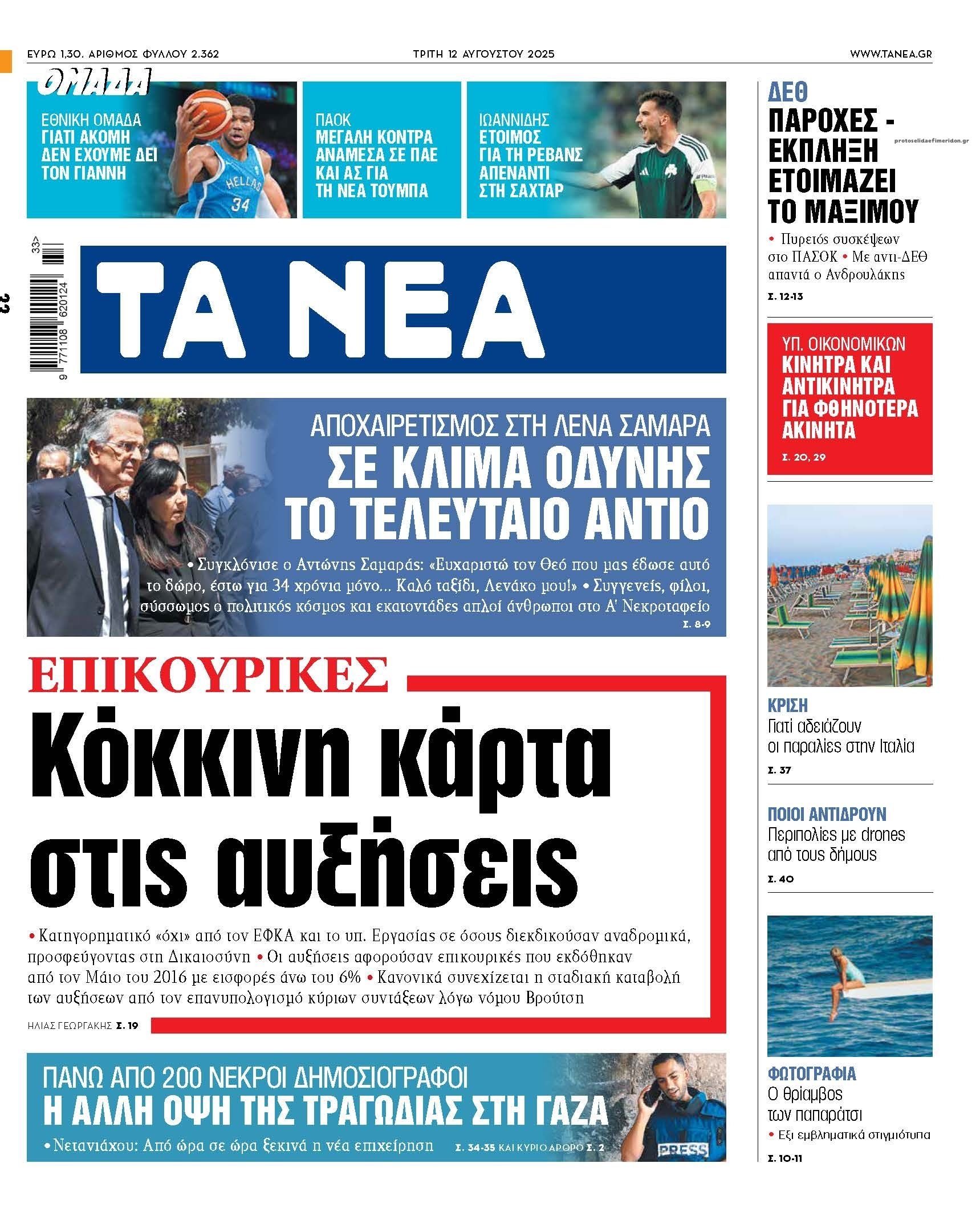 Πρωτοσέλιδο εφημερίδας Τα Νέα
