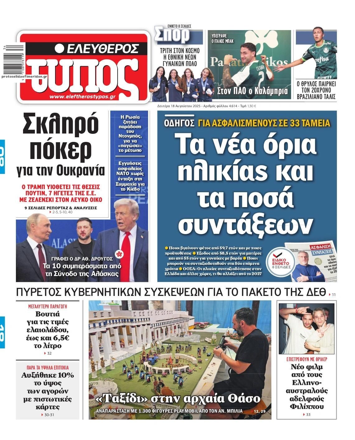 Πρωτοσέλιδο εφημερίδας Ελεύθερος Τύπος