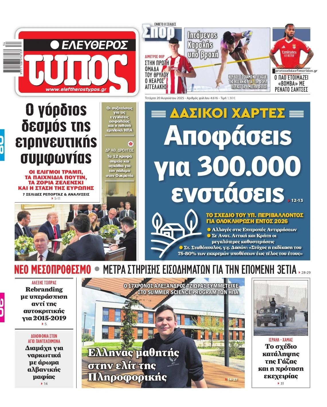 Πρωτοσέλιδο εφημερίδας Ελεύθερος Τύπος