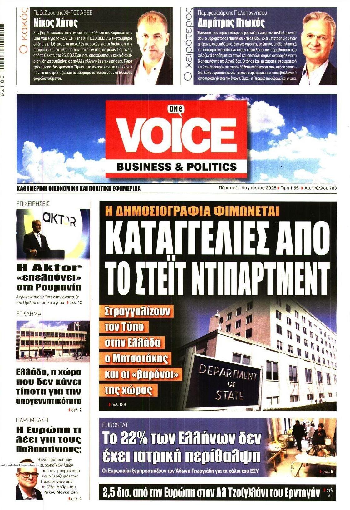 Πρωτοσέλιδο εφημερίδας Finance and Markets Voice