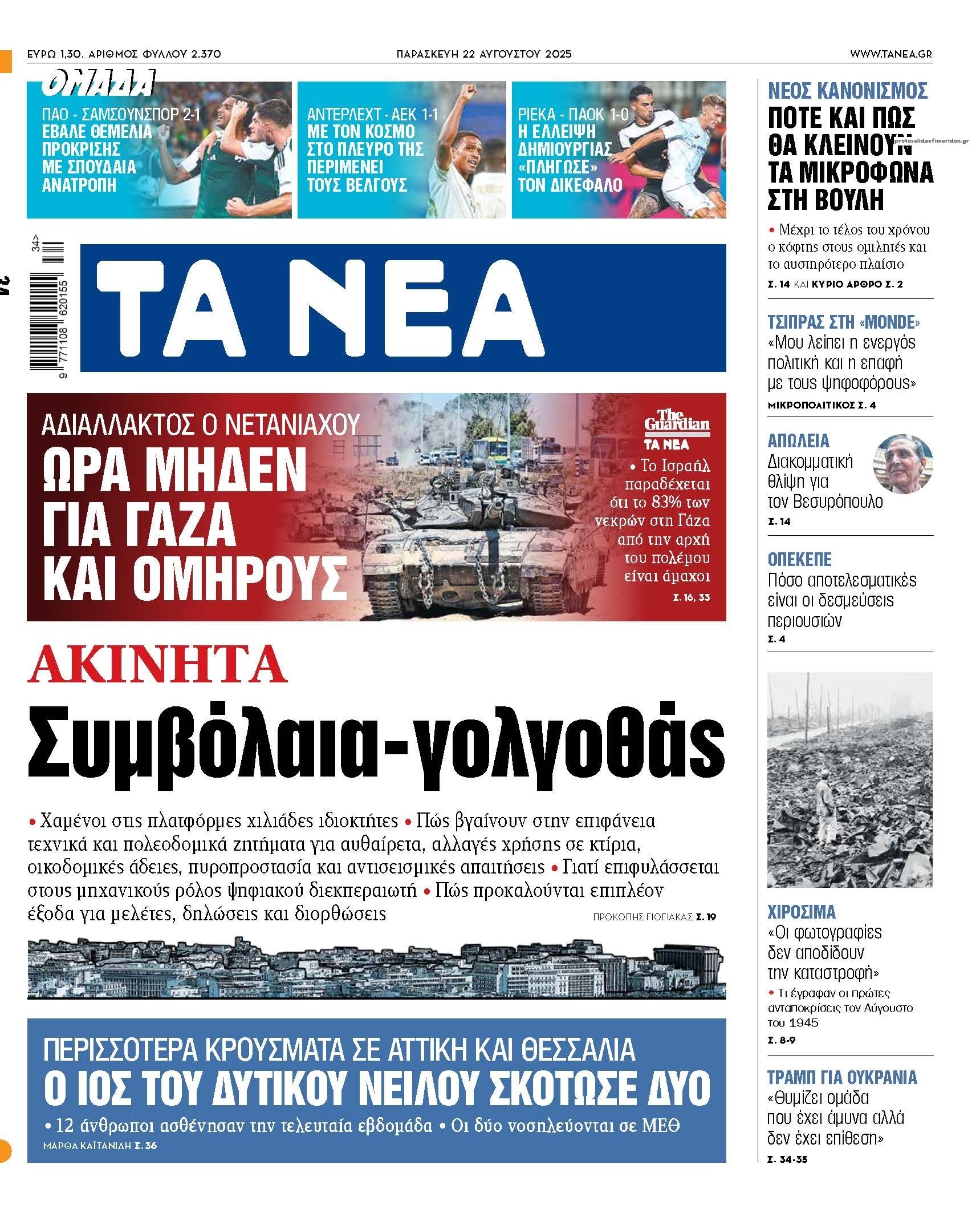 Πρωτοσέλιδο εφημερίδας Τα Νέα