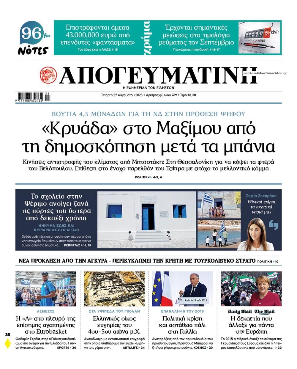Πρωτοσέλιδο εφημερίδας Απογευματινή