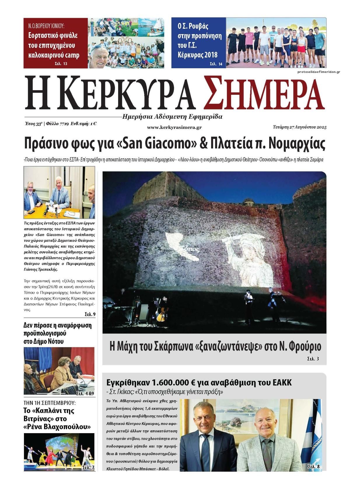 Πρωτοσέλιδο εφημερίδας Η Κέρκυρα Σήμερα
