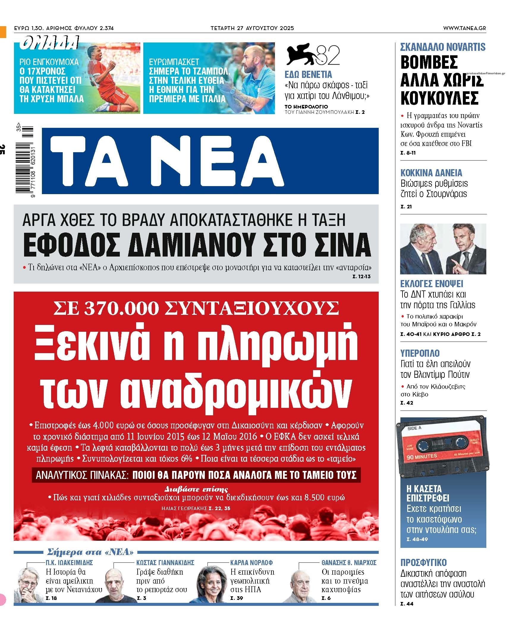 Πρωτοσέλιδο εφημερίδας Τα Νέα