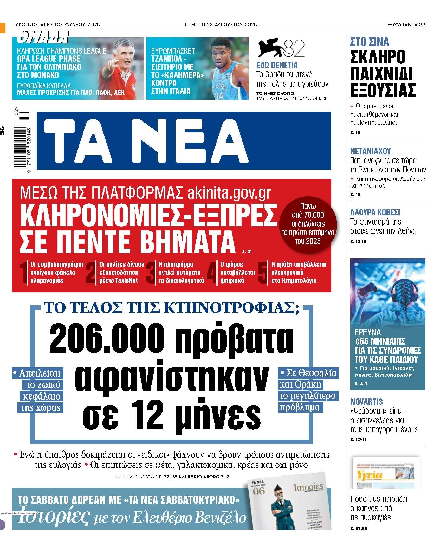 Πρωτοσέλιδο εφημερίδας Τα Νέα