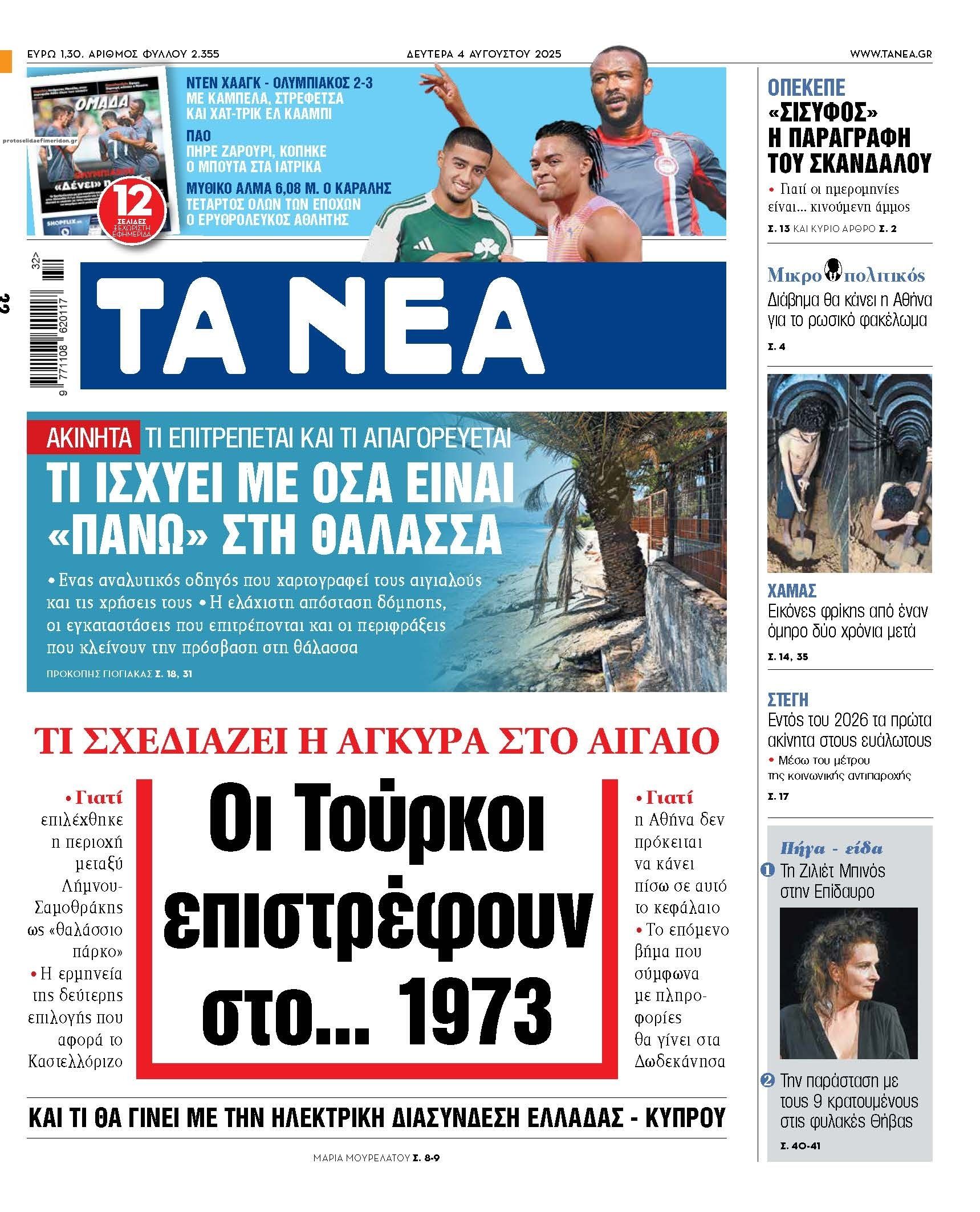 Πρωτοσέλιδο εφημερίδας Τα Νέα