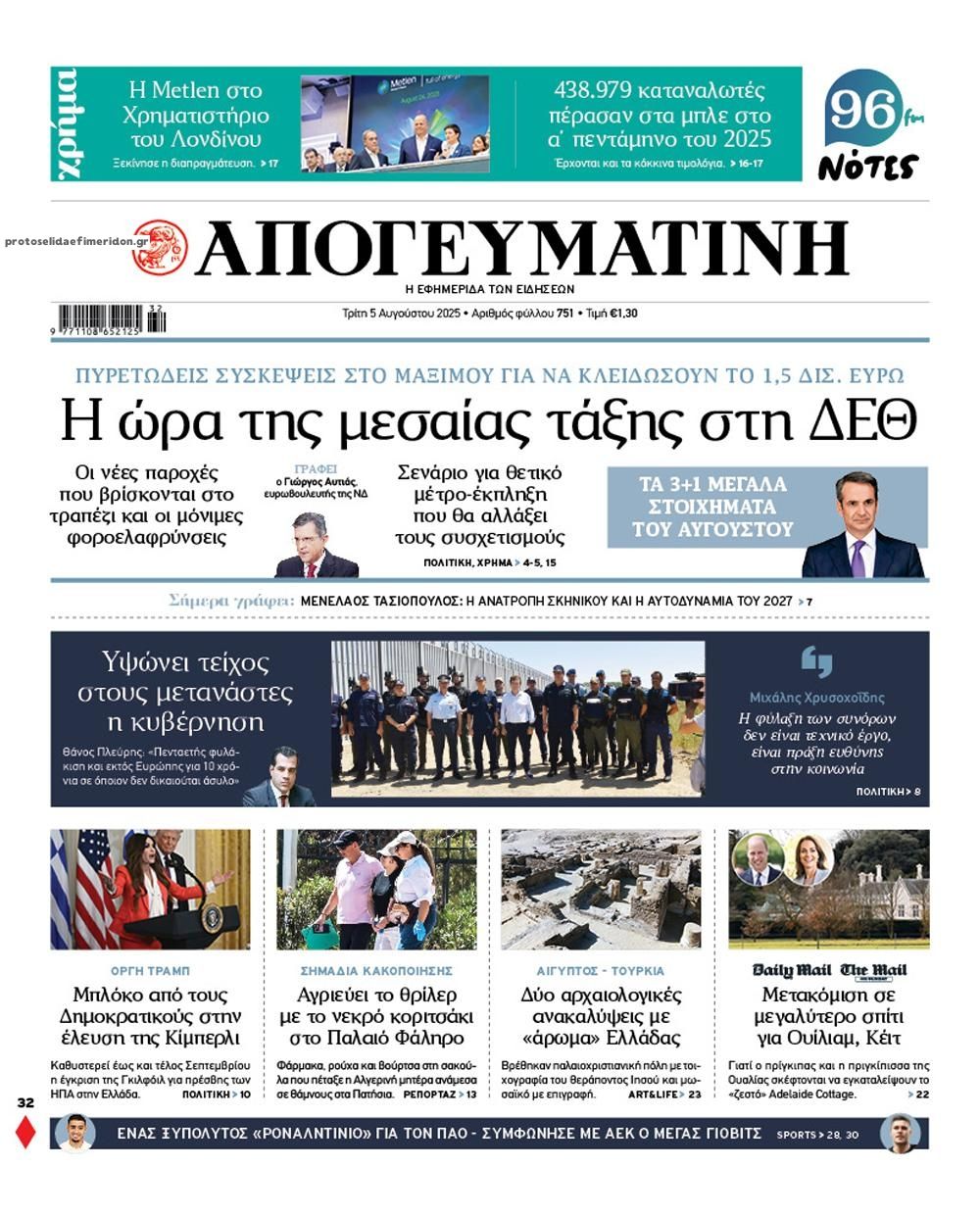 Πρωτοσέλιδο εφημερίδας Απογευματινή