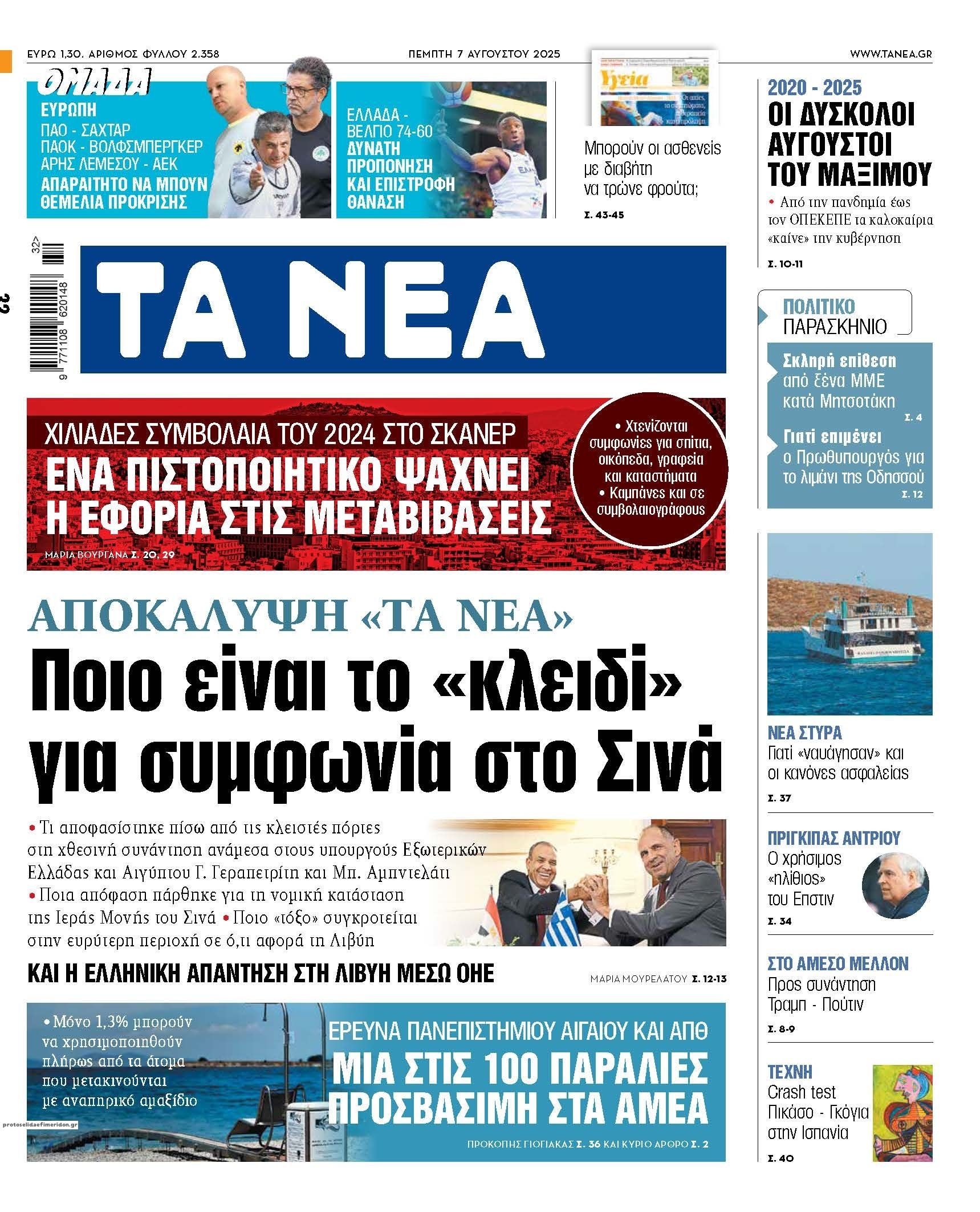 Πρωτοσέλιδο εφημερίδας Τα Νέα