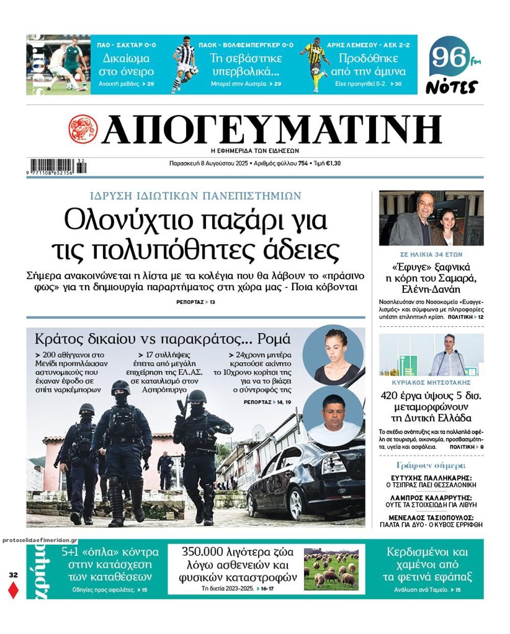 Πρωτοσέλιδο εφημερίδας Απογευματινή