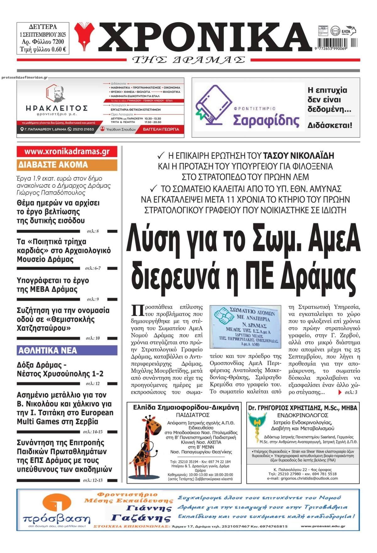 Πρωτοσέλιδο εφημερίδας Χρονικά Δράμας