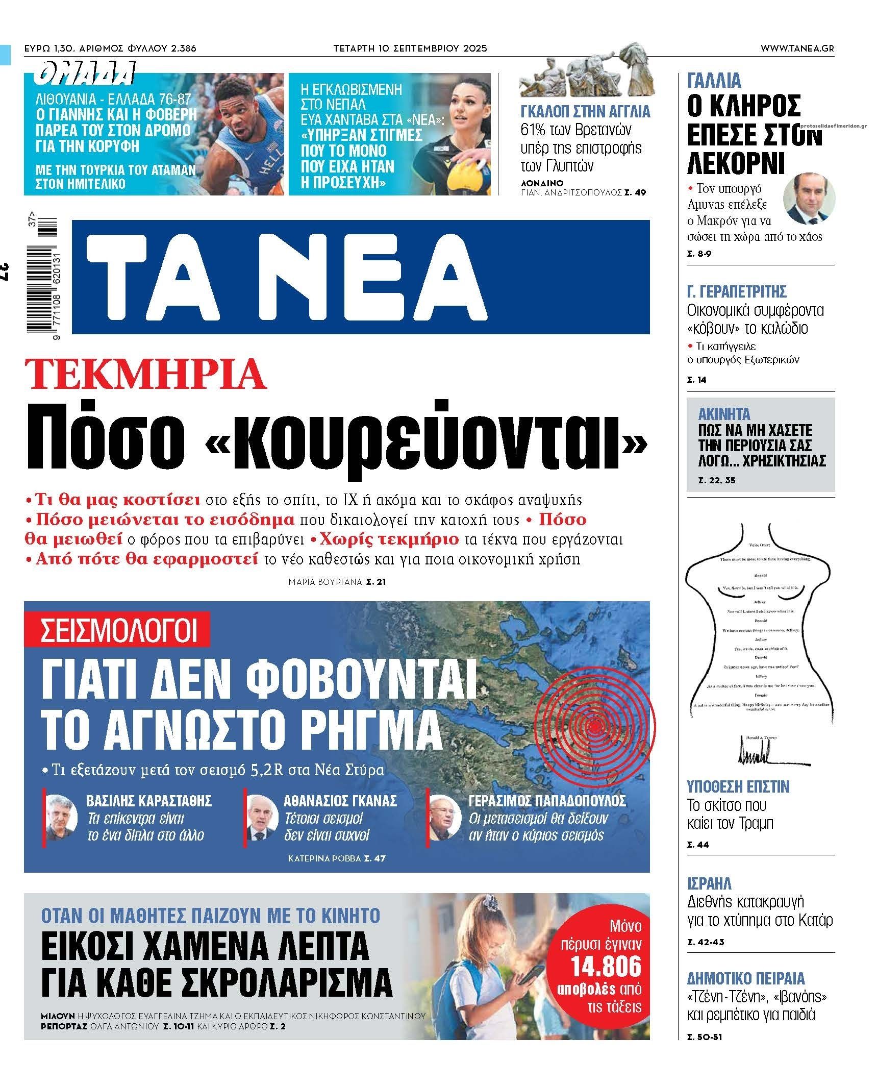 Πρωτοσέλιδο εφημερίδας Τα Νέα
