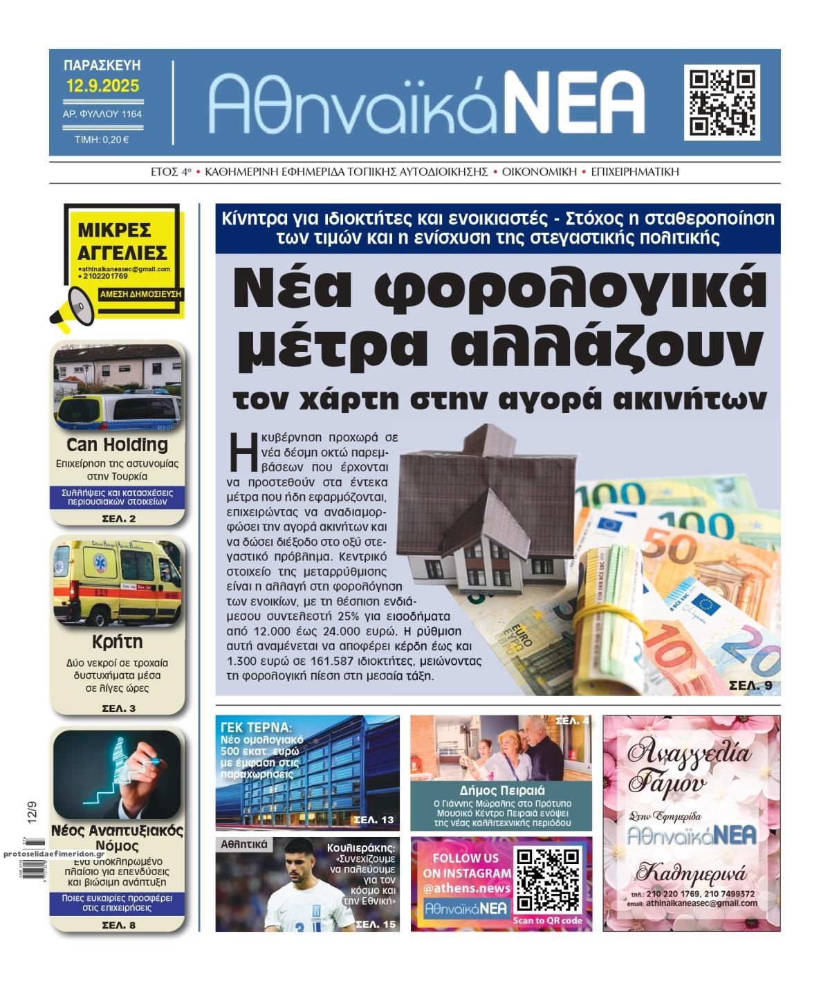 Πρωτοσέλιδο εφημερίδας Αθηναϊκά Νέα