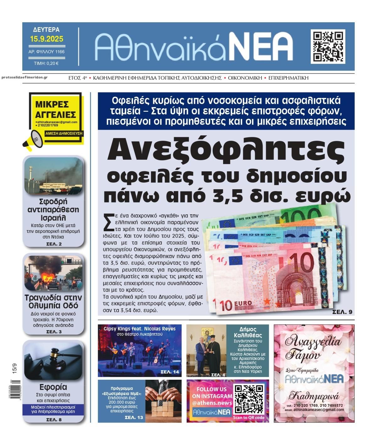 Πρωτοσέλιδο εφημερίδας Αθηναϊκά Νέα