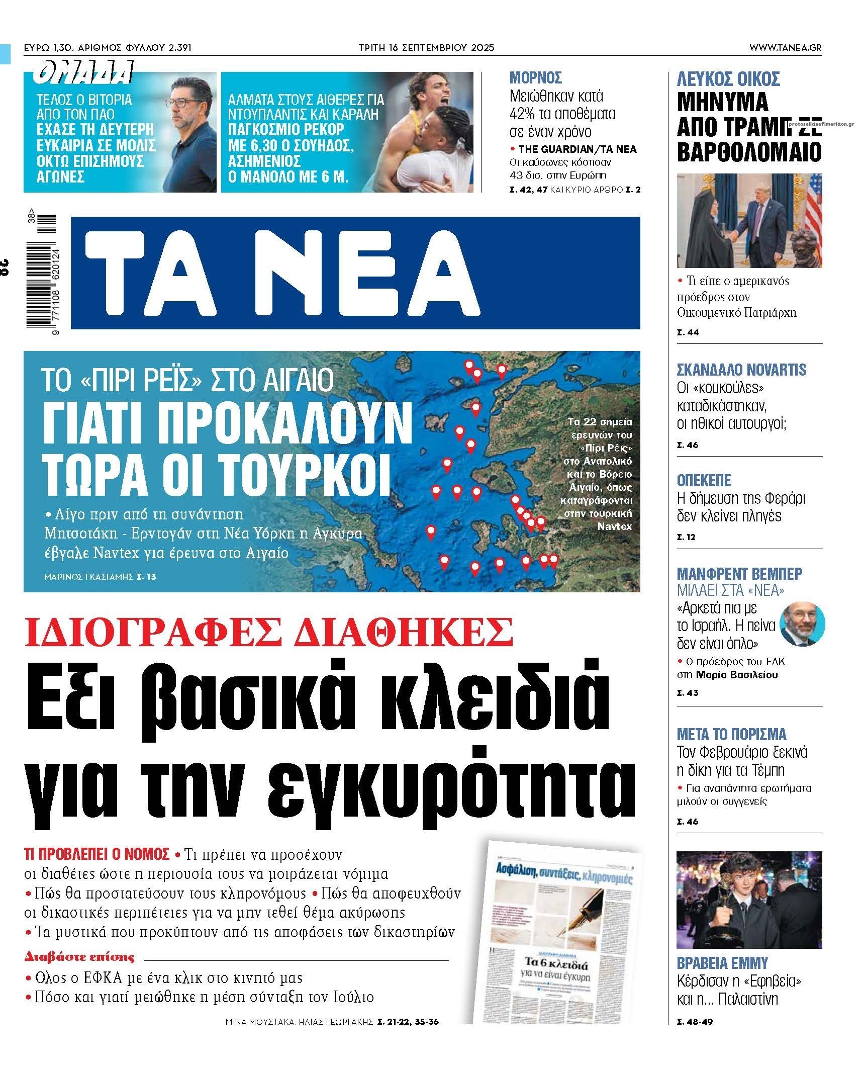 Πρωτοσέλιδο εφημερίδας Τα Νέα