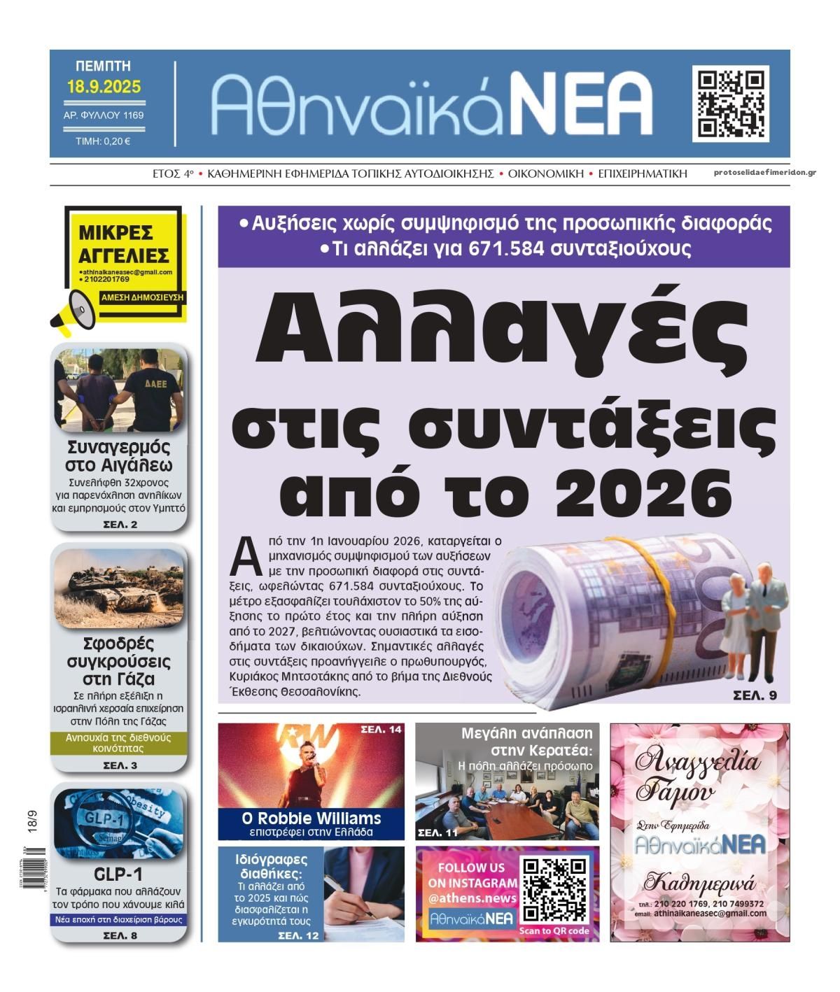 Πρωτοσέλιδο εφημερίδας Αθηναϊκά Νέα