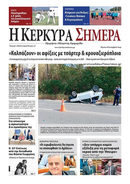 Πρωτοσέλιδο εφημερίδας Η Κέρκυρα Σήμερα