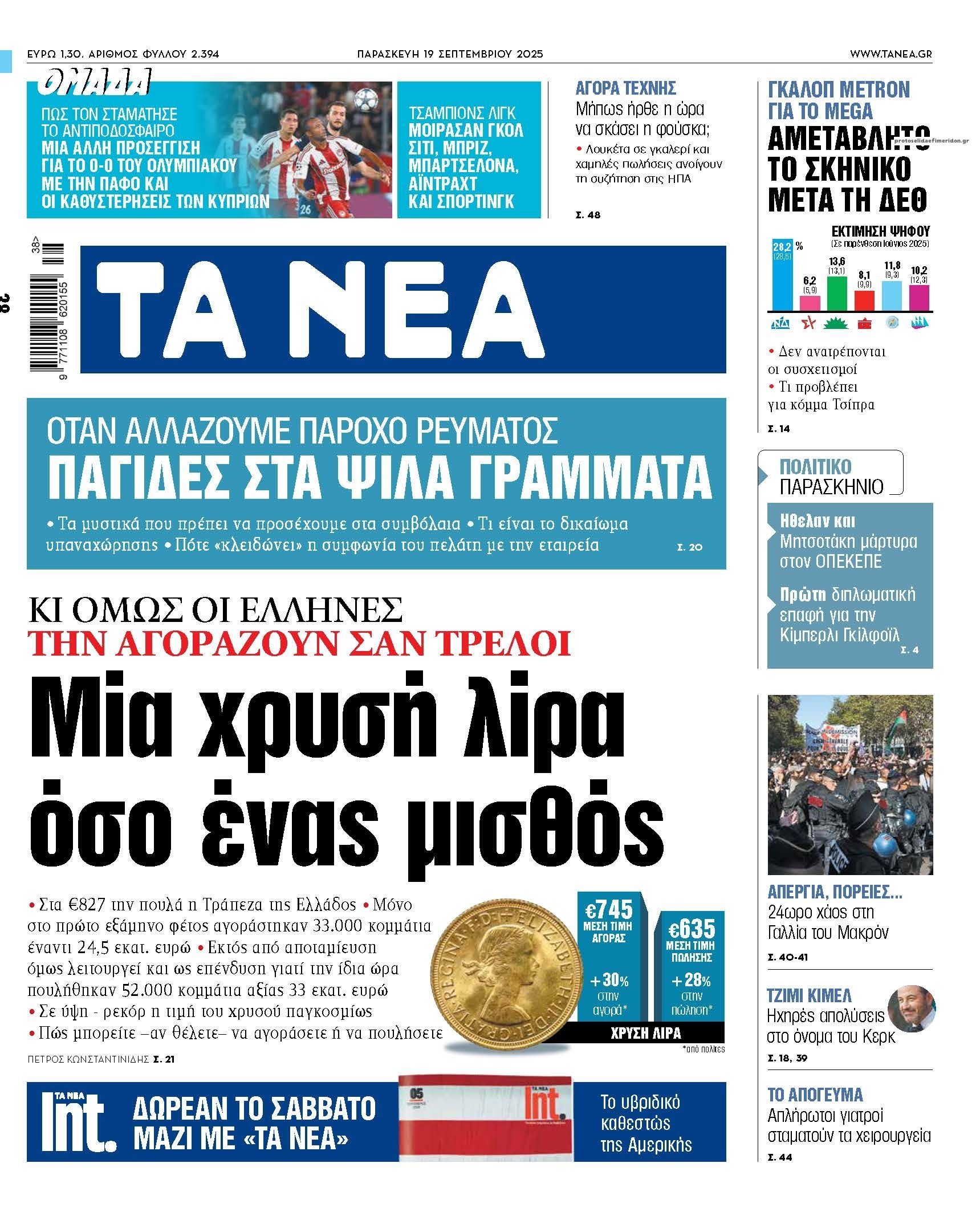 Πρωτοσέλιδο εφημερίδας Τα Νέα