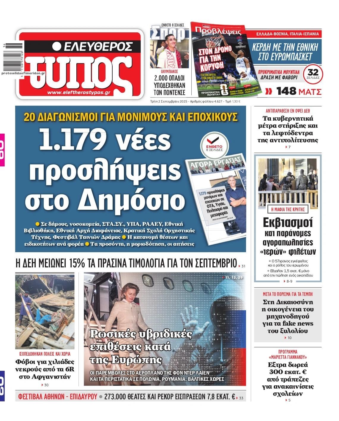 Πρωτοσέλιδο εφημερίδας Ελεύθερος Τύπος