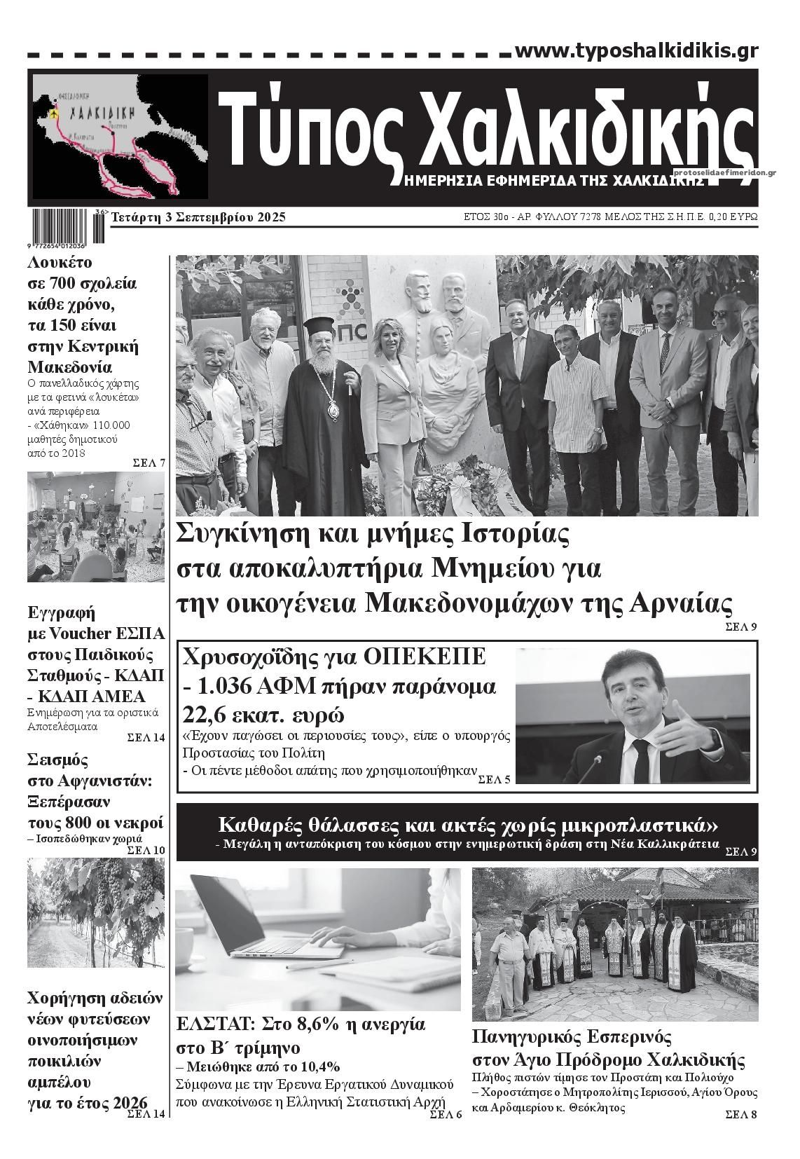Πρωτοσέλιδο εφημερίδας Τύπος Χαλκιδικής