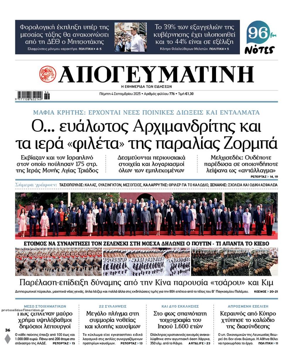 Πρωτοσέλιδο εφημερίδας Απογευματινή