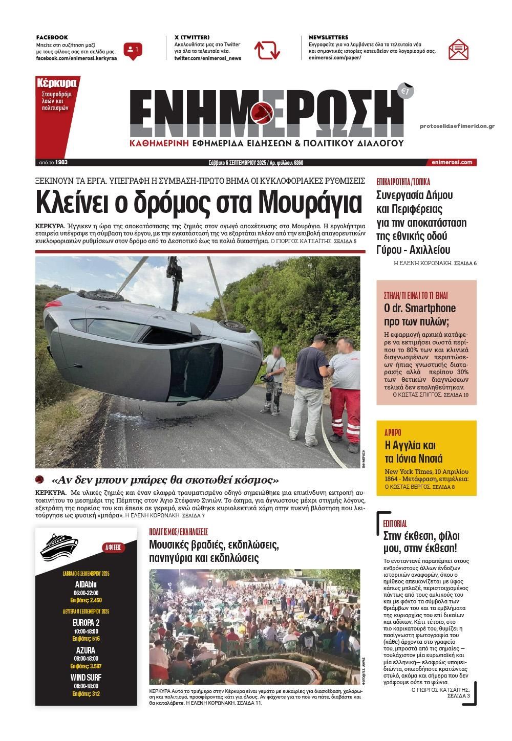Πρωτοσέλιδο εφημερίδας Ενημέρωση Κέρκυρας