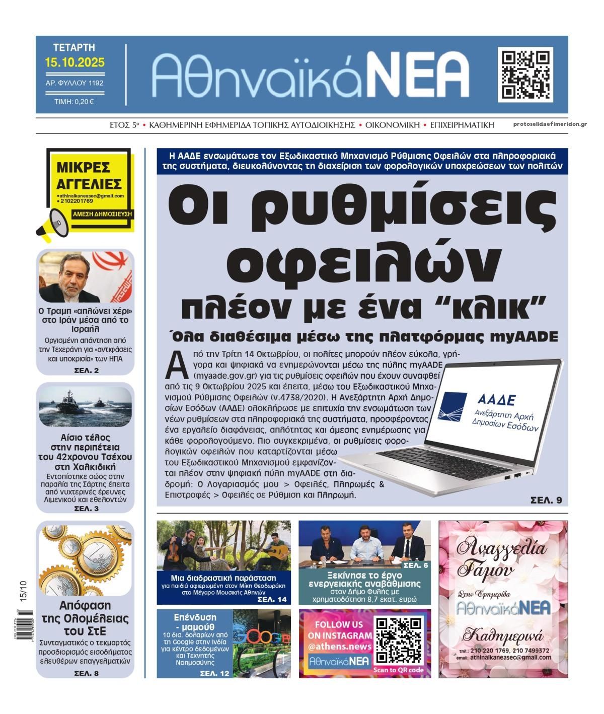 Πρωτοσέλιδο εφημερίδας Αθηναϊκά Νέα