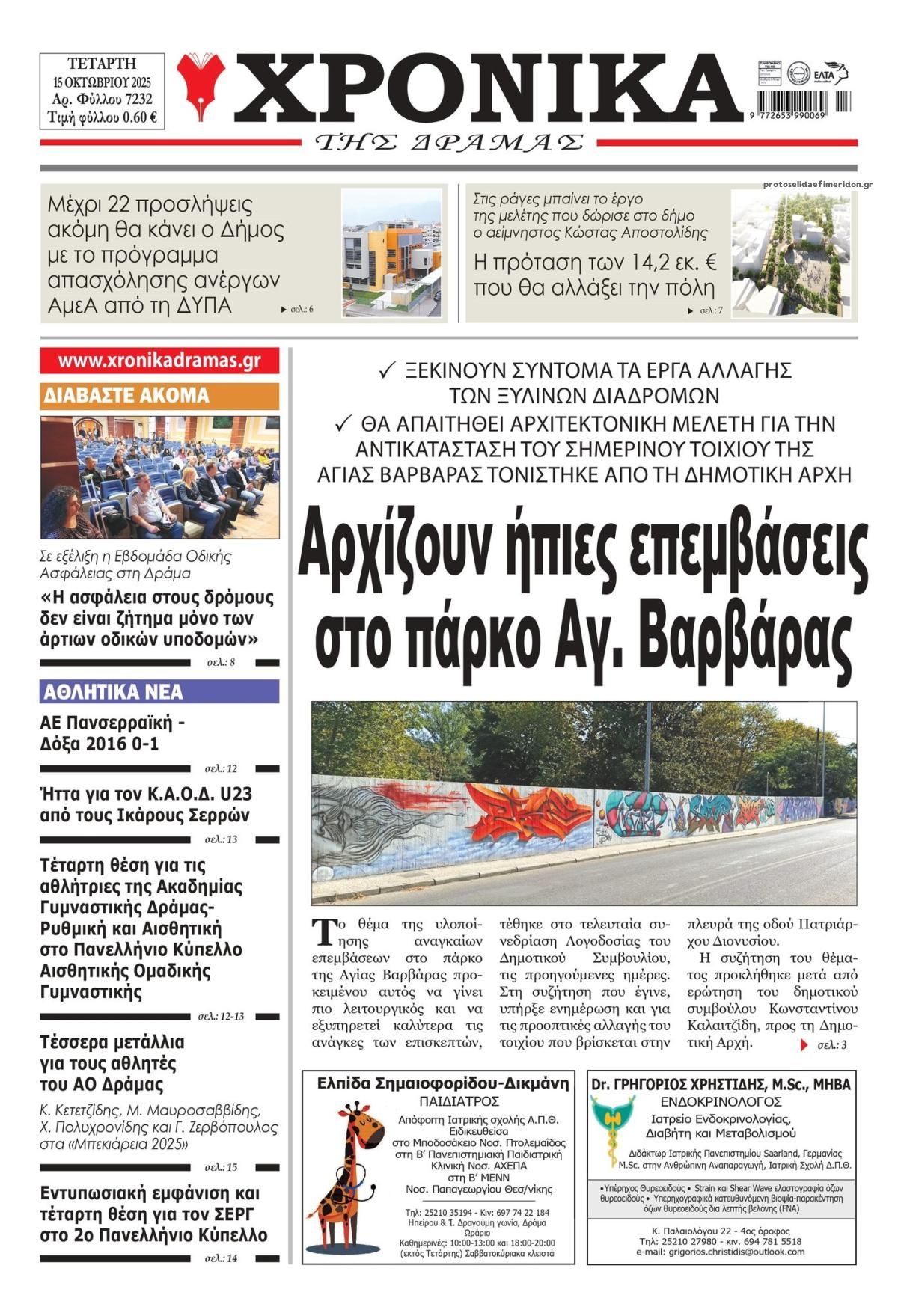 Πρωτοσέλιδο εφημερίδας Χρονικά Δράμας