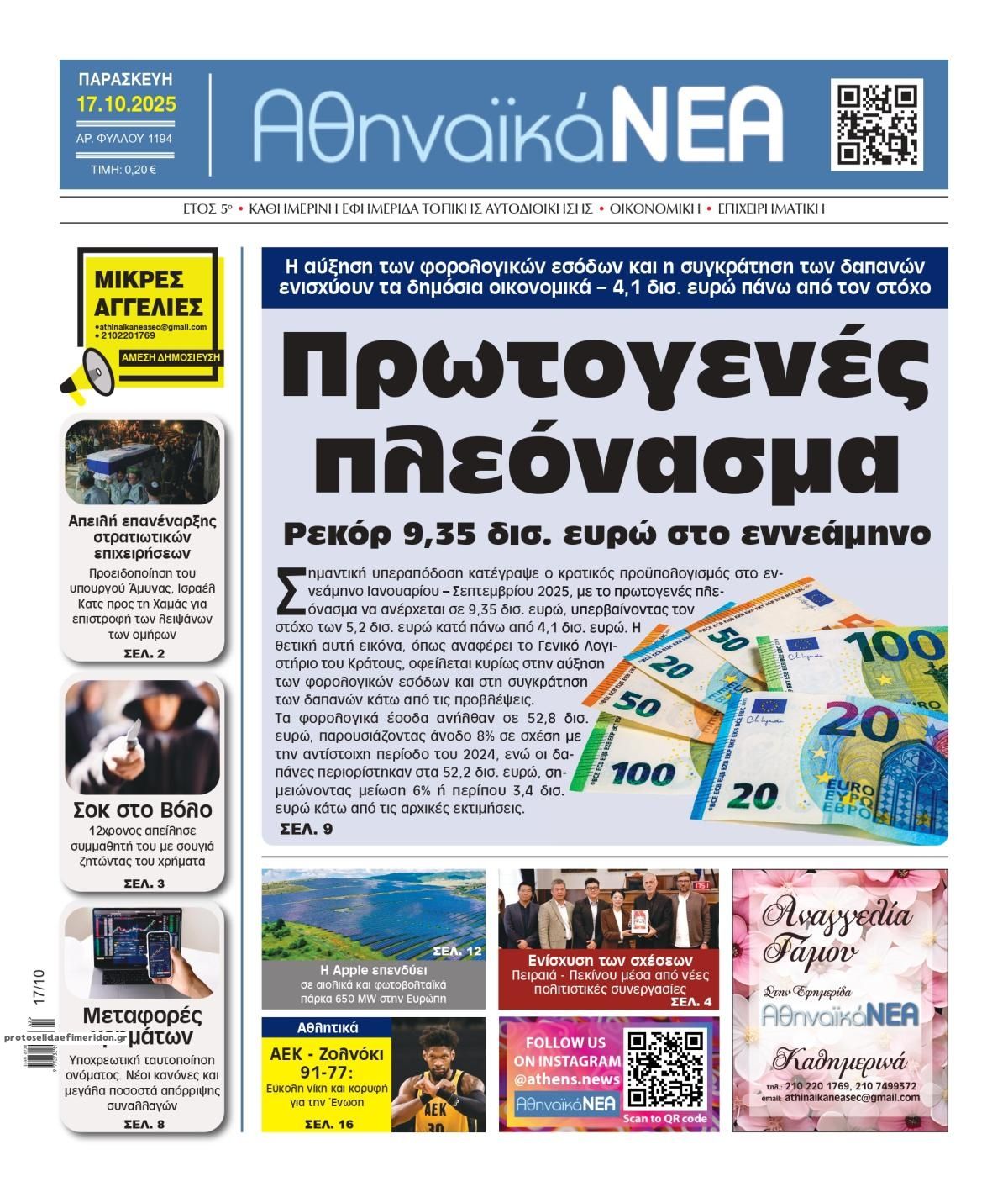 Πρωτοσέλιδο εφημερίδας Αθηναϊκά Νέα