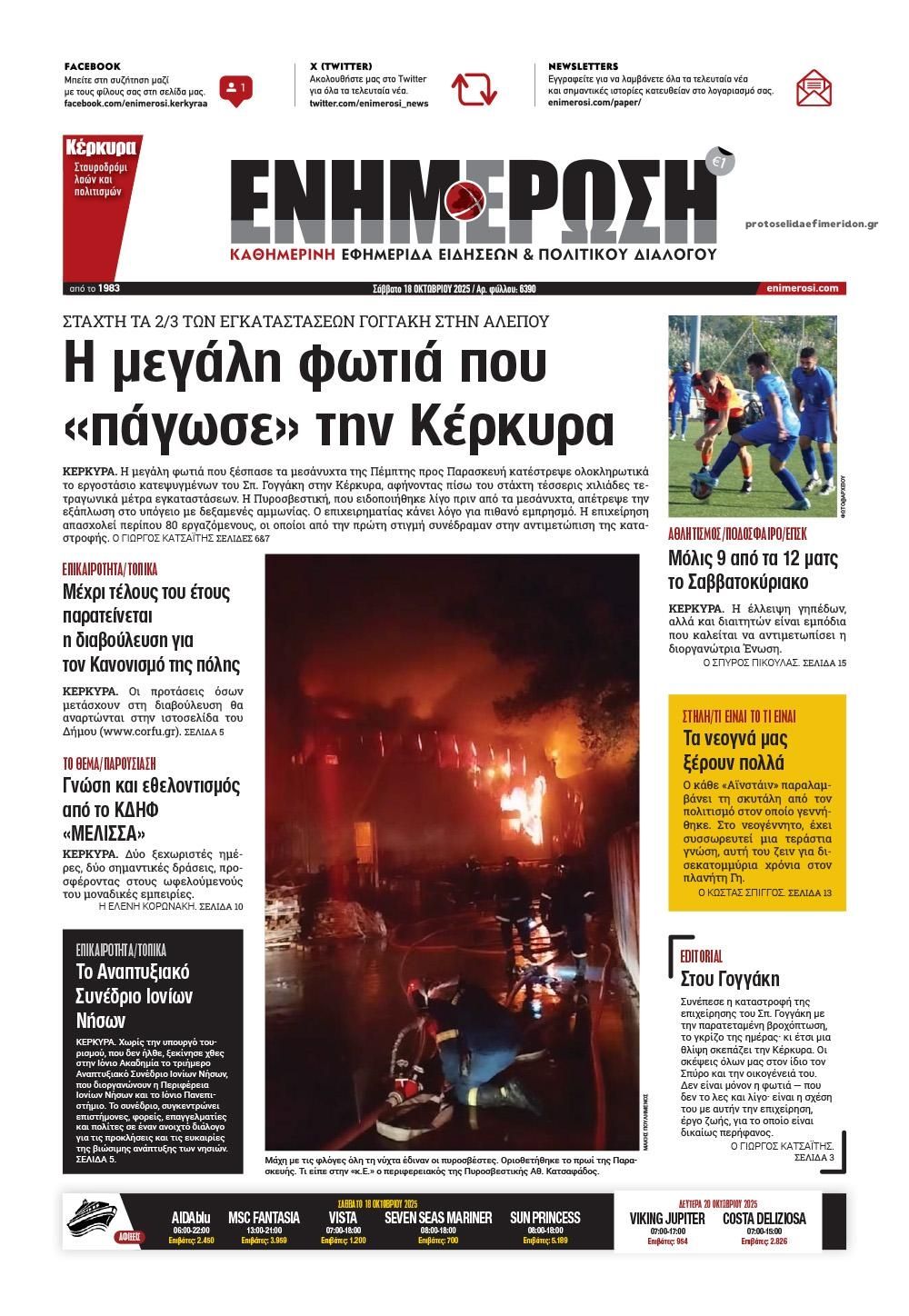 Πρωτοσέλιδο εφημερίδας Ενημέρωση Κέρκυρας