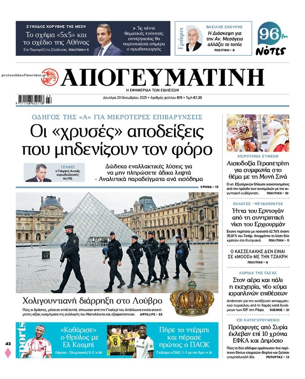 Πρωτοσέλιδο εφημερίδας Απογευματινή