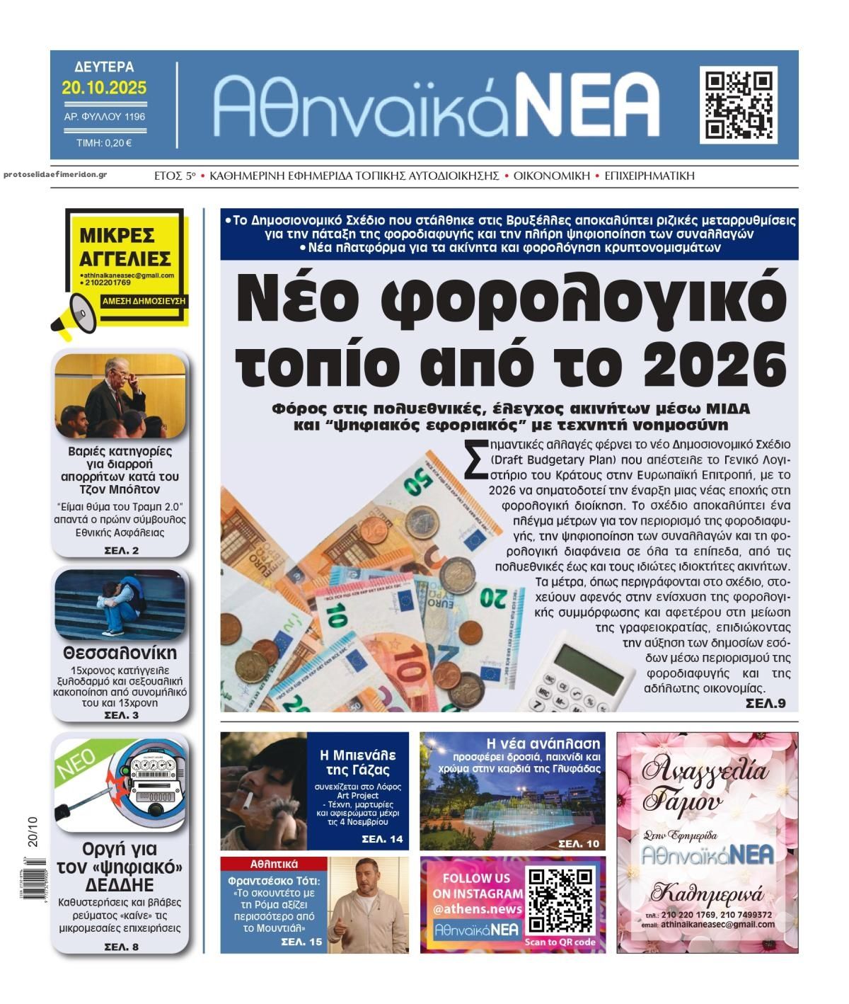 Πρωτοσέλιδο εφημερίδας Αθηναϊκά Νέα