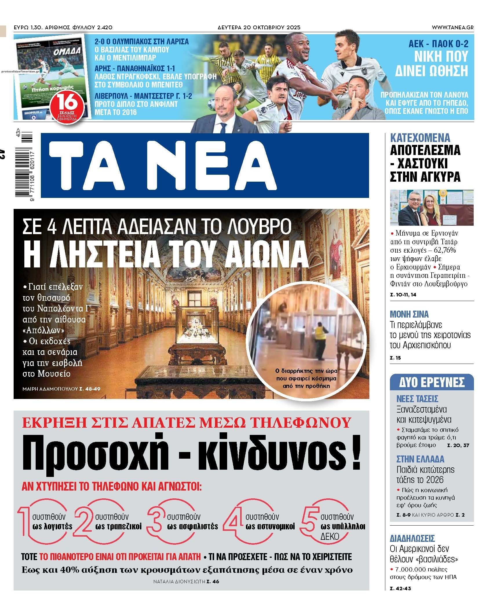 Πρωτοσέλιδο εφημερίδας Τα Νέα