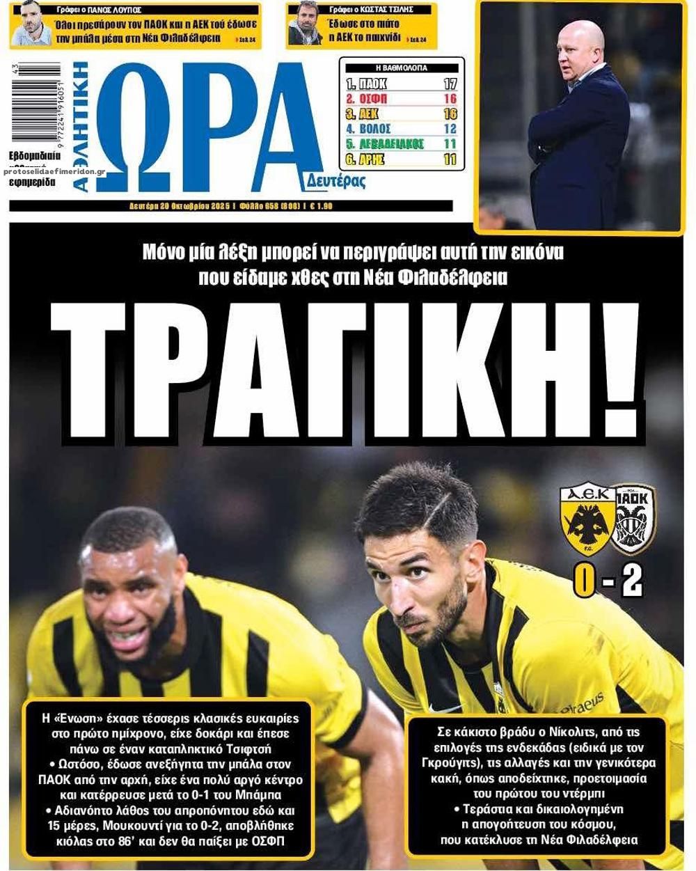 Πρωτοσέλιδο εφημερίδας Η ώρα των Σπορ