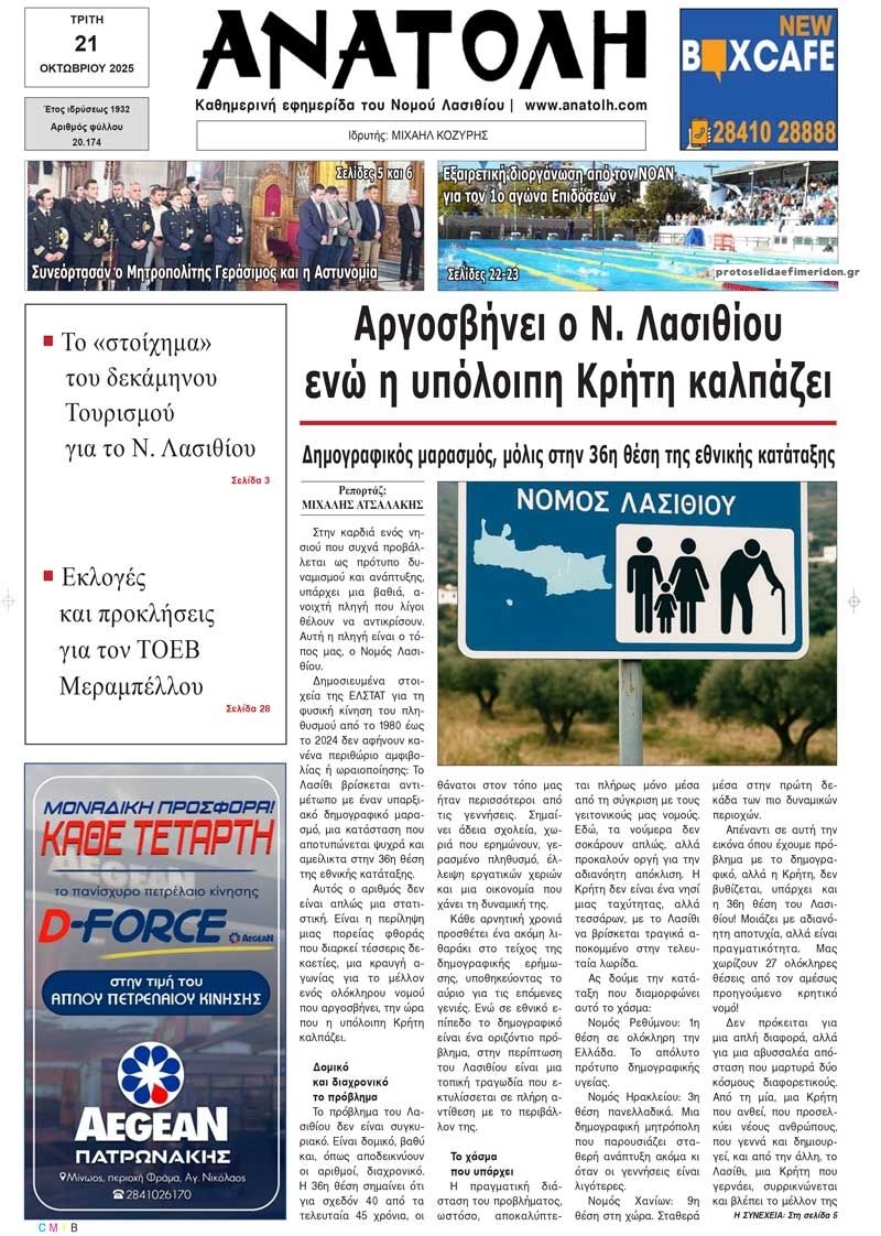 Πρωτοσέλιδο εφημερίδας Ανατολή